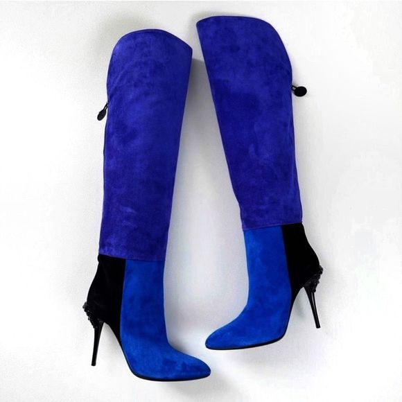 Versace Shoes - VERSACE Medusa Color Block Tall Boot 40 US 9.5 Blue Purple Suede Heeled Palazzo